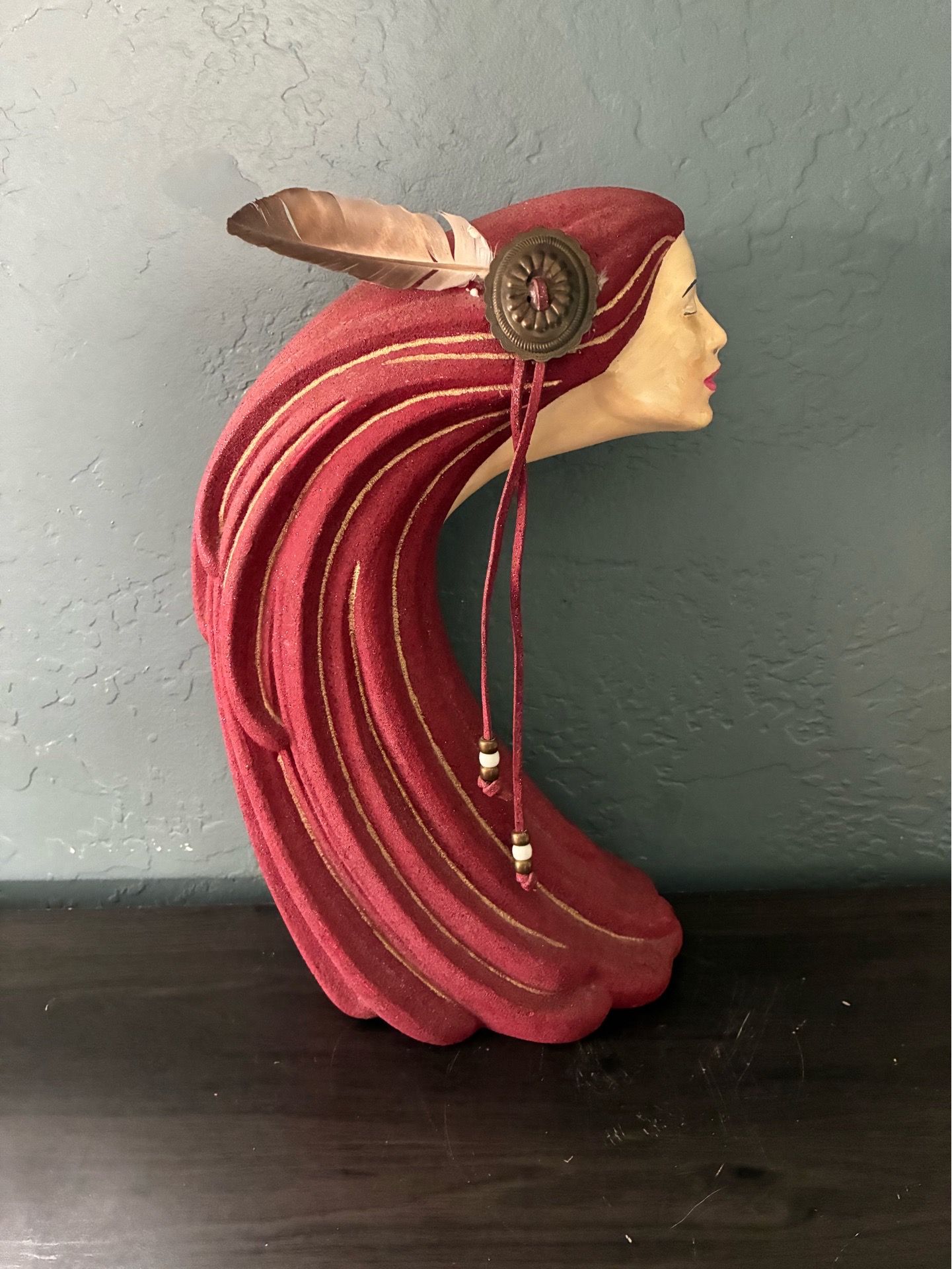 Native American “Woman In The Wind” Sculpture. Approx. 15” Tall. Textured Rose.