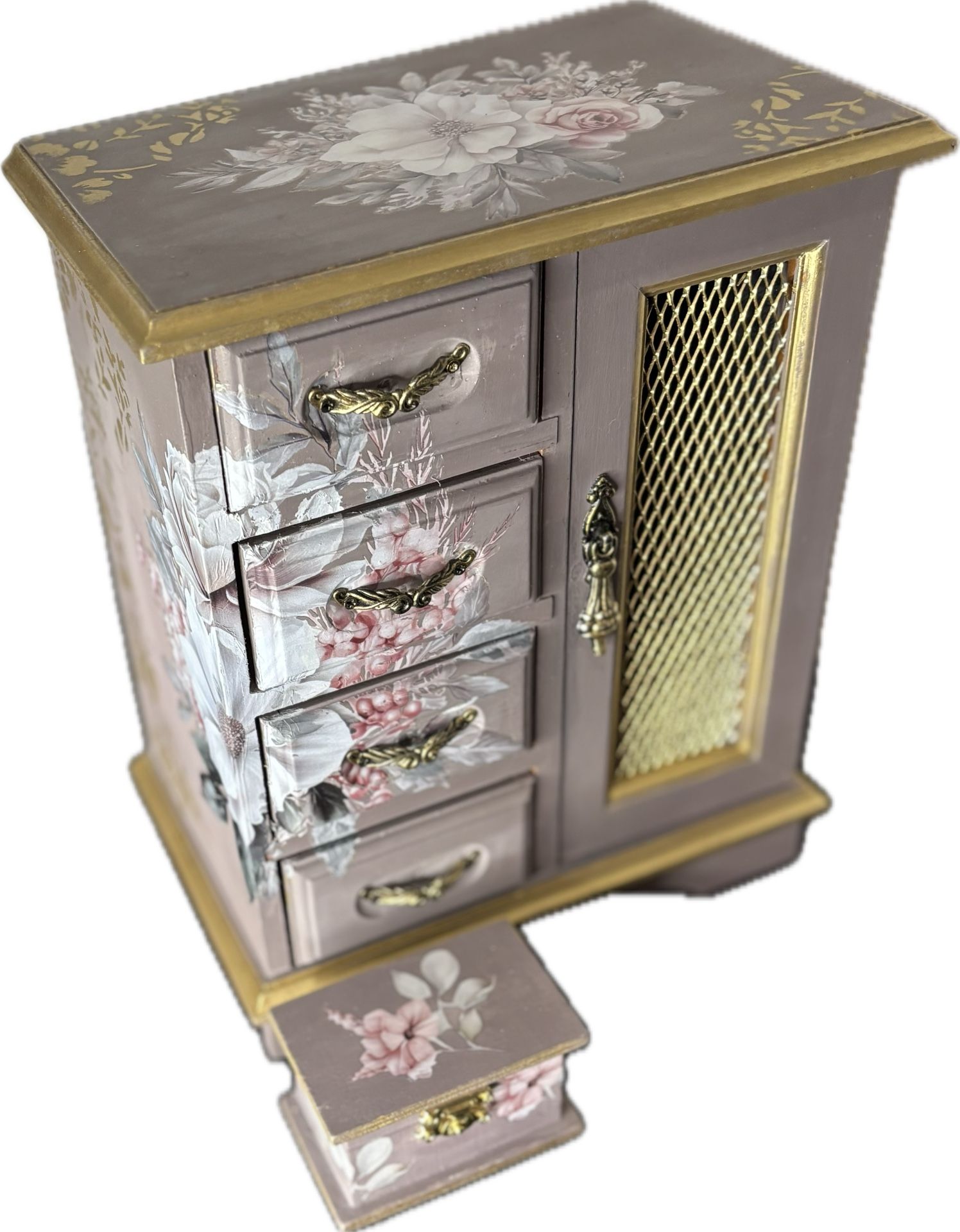 Painted Vintage Gray Floral Jewelry Box With Bonus Trinket Box