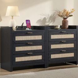 New assembled Nightstands Set of 2 Bedside Table - Larger Rattan Night Stand with Type-C Charging Station, 3 Drawers Storage - Boho Tall Night Stands 