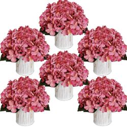 DIYDOFUN Flower Table Centerpieces - Set Of 6 Floral Arrangement Artificial Wedding Hydrangeas Floral Arrangement With Rustic Metal Vase For Bridal Te