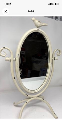 Bird Vanity Mirror Distressed Cream Metal Swivel Tabletop Cottage Coastal
