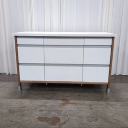 IKEA White and Oak 9-Drawer Wide Dresser with Integrated Pulls, 59 Inch