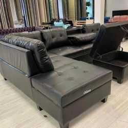 •ASK DISCOUNT COUPON🍬heights Black Faux Leather Reversible Sectional With Storage Ottoman  🛎 sofa Couch Loveseat Living room set recliner  futon ■