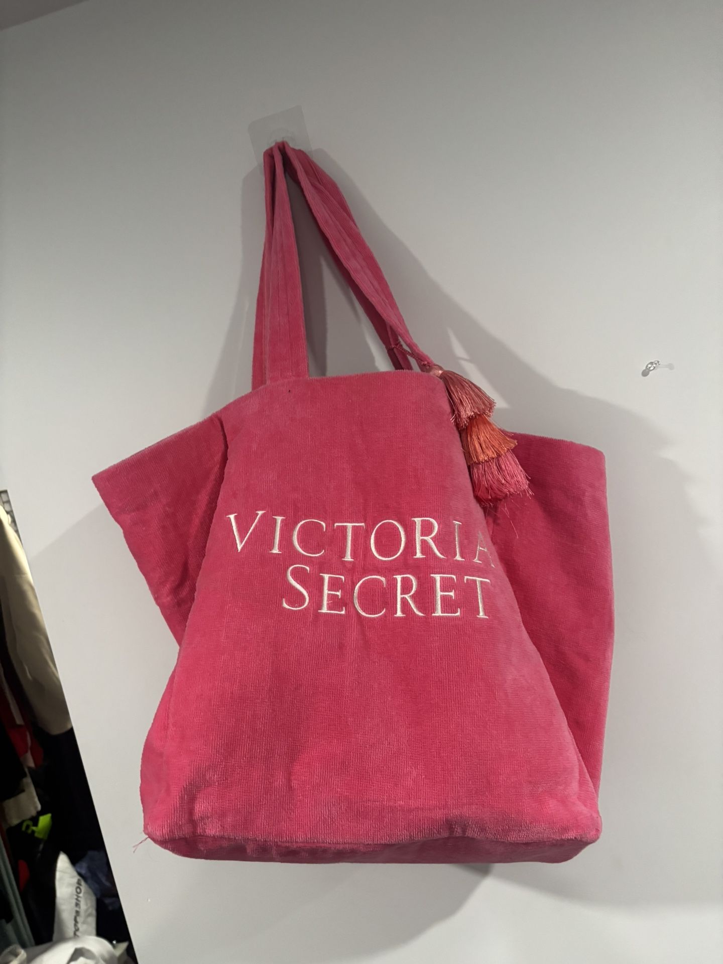 Victoria's Secret Neon Pink Terry Tote Travel Weekender Bag w/ Tassel