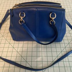 COACH 3 Sections 2 Zipper 1 Snap Button Shoulder Blue Leather Handbag Purse