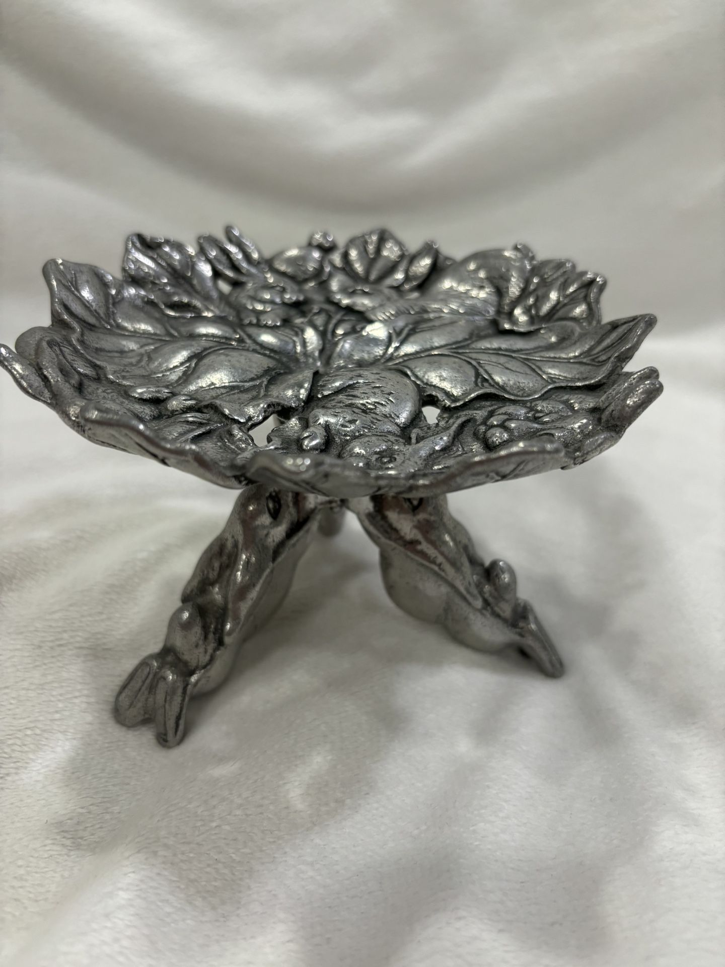 Vintage Silver Pewter Pedestal Candle Holder With Rabbits Design