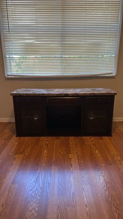 Dark Wood TV Stand / Media Console with Faux-Marble Top & Glass Cabinet Doors