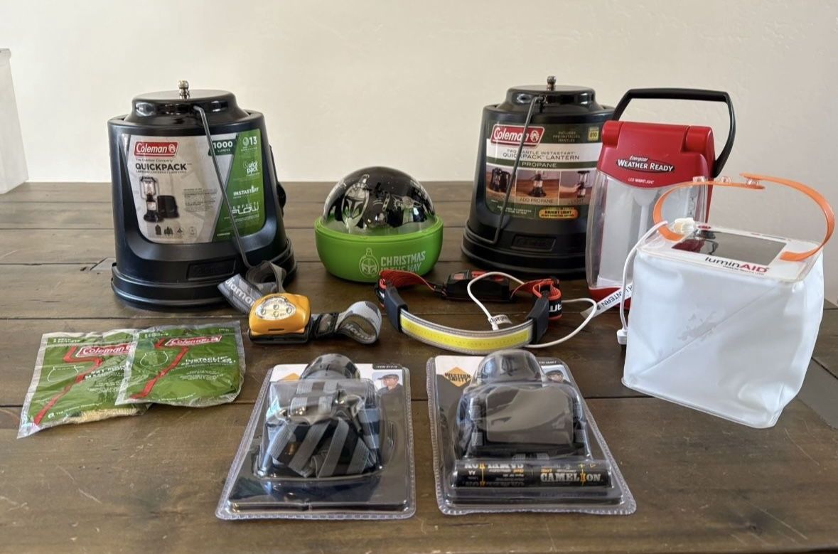 Camping lanterns, headlamps and lights. 