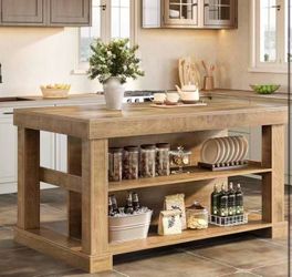 New in box JW1105AB Kitchen Island with 3 Shelves, 55 Inches Width Kitchen Shelf with Large Worktop, Stable Wooden Structure, Farmhouse Style, Easy to