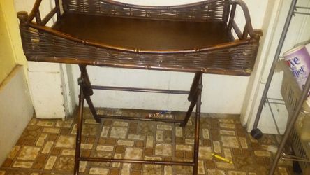 Vintage metal tray with a wooden basket