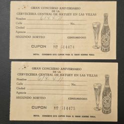 2 Cupones Sorteo Cerveceria Central De Hatuey En Las Villas-cuba-serie Consecutiva