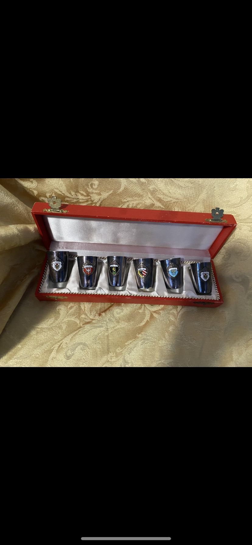 Vintage Silver plate Set of 6 German Shot Glasses/Cups with Enamel Town Coat of Arms