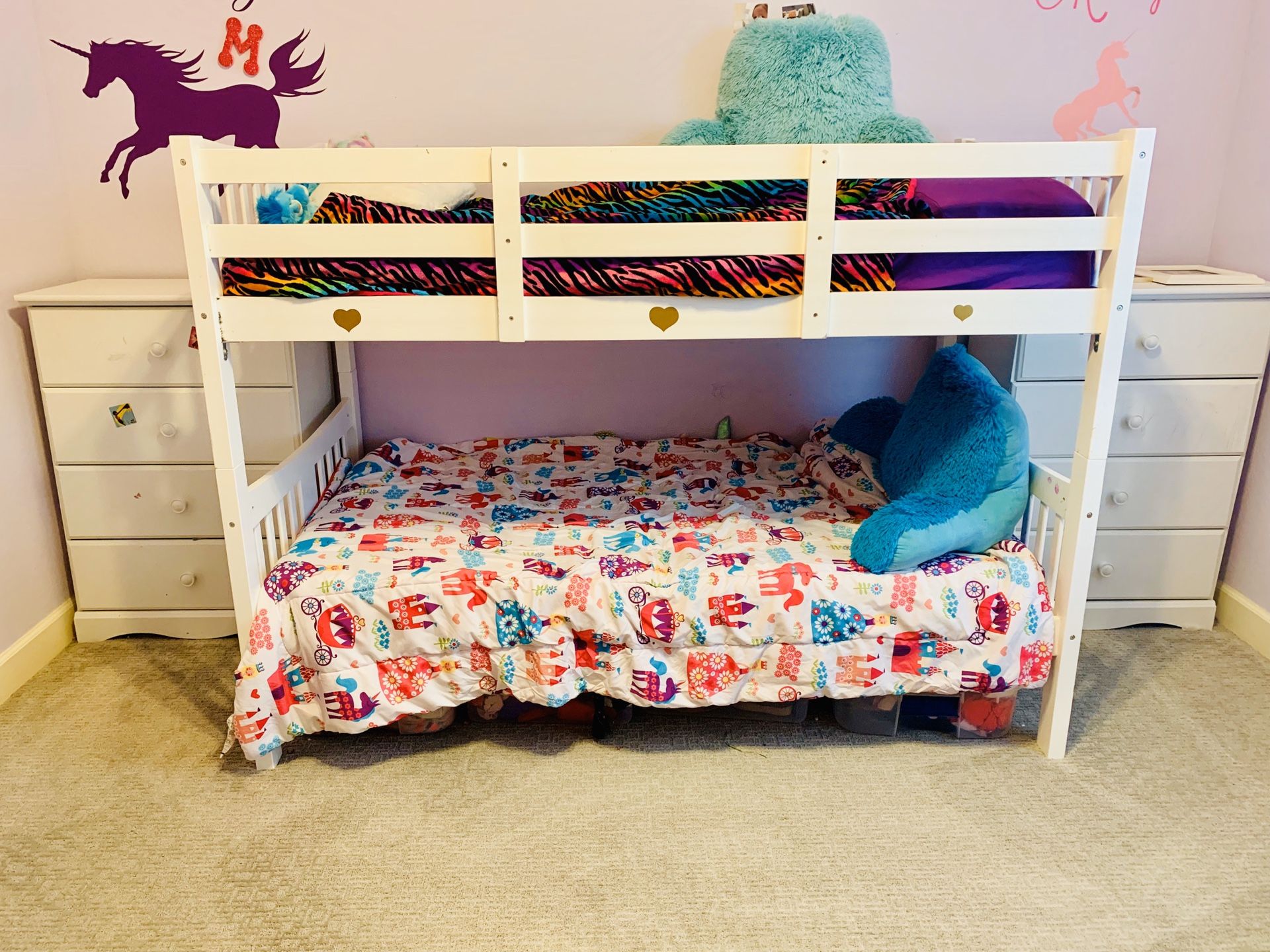 Bunk beds and two white dressers $50 total. DOES NOT INCLUDE MATTRESSES