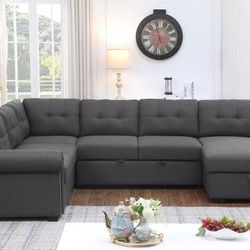 Extended 114" Pull Out Sleeper Sofa Bed Sectional Couch With Storage Chaise