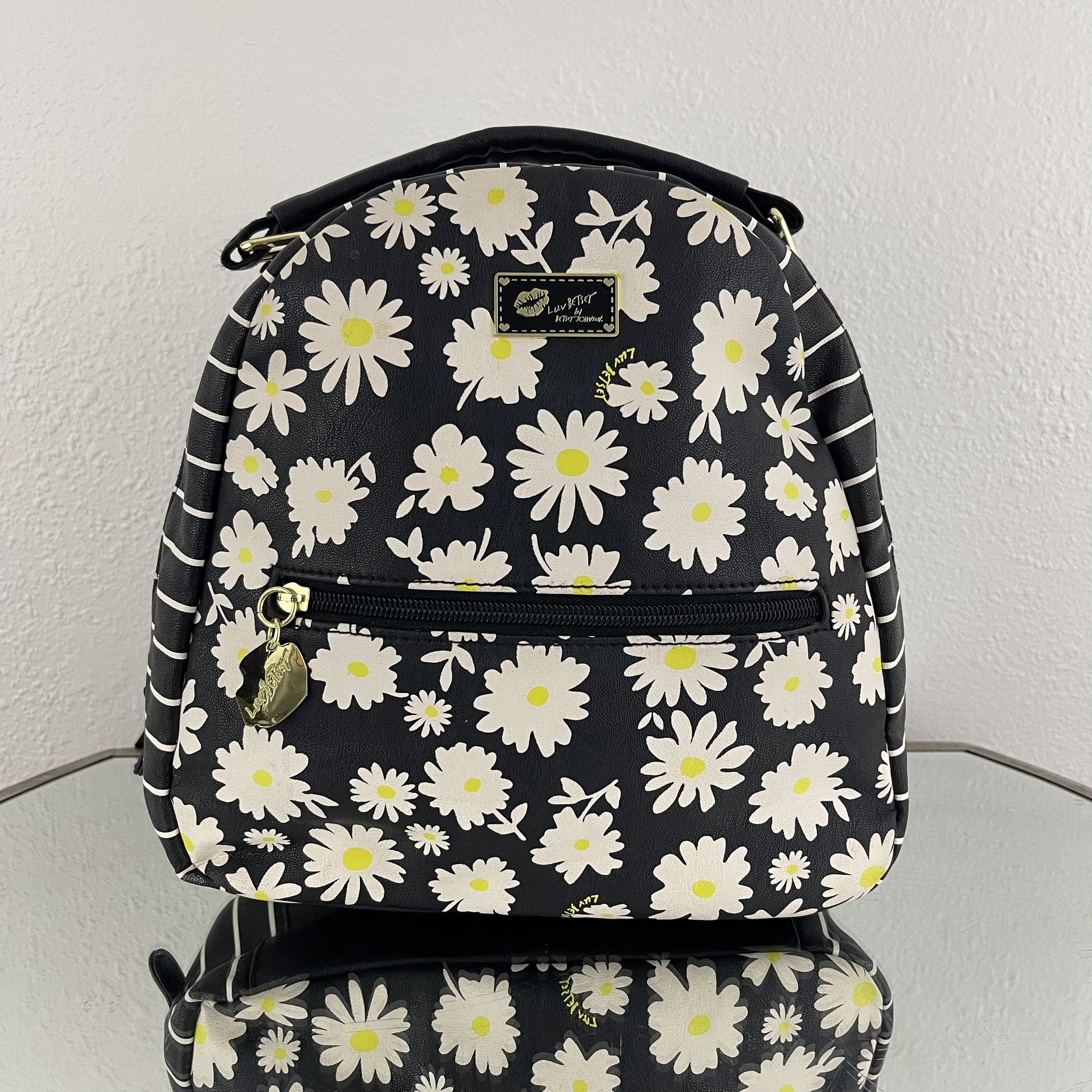 BETSEY JOHNSON Black White Striped Daisy Floral Summer Girly Mini Backpack Bag