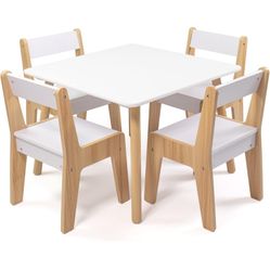 Humble Crew, White/Natural Modern Wood Kids Table and 4 Chairs Set