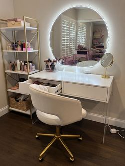 Gorgeous White Vanity Set w/ Upholstered Swivel Chair, Desk & Large LED Mirror - Excellent Condition!