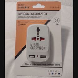 Miami Carry On 3 Prong Adapter Power Or Charge 2 USB Ports