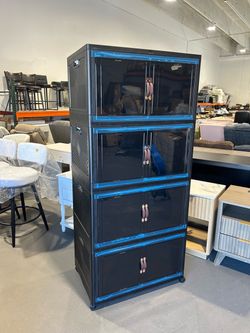New Collapsible Storage Bins with Lids, Foldable Stackable Plastic Storage Bins with Doors and Wheels, Black Large Organizer