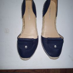 New Pair Of Longchamps Size 39 Navy Blue Leather With Rope Trim 