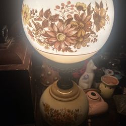 Vintage Double Globed Hurricane Lamp W/fall Flowers Hand Painted (large)