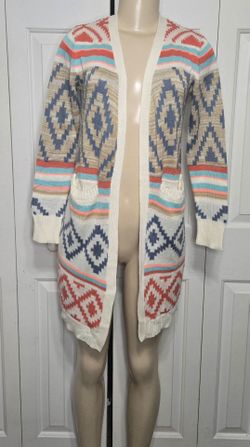 Boho Southwest Geometric Knit Long Cardigan Sweater Women’s Small Pockets Tribal