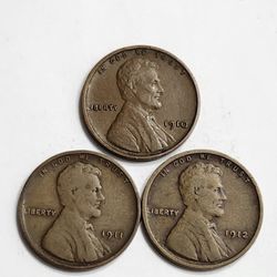 1910 , 1911 , 1912 Wheat Cent Penny Coins - Antique Coins
