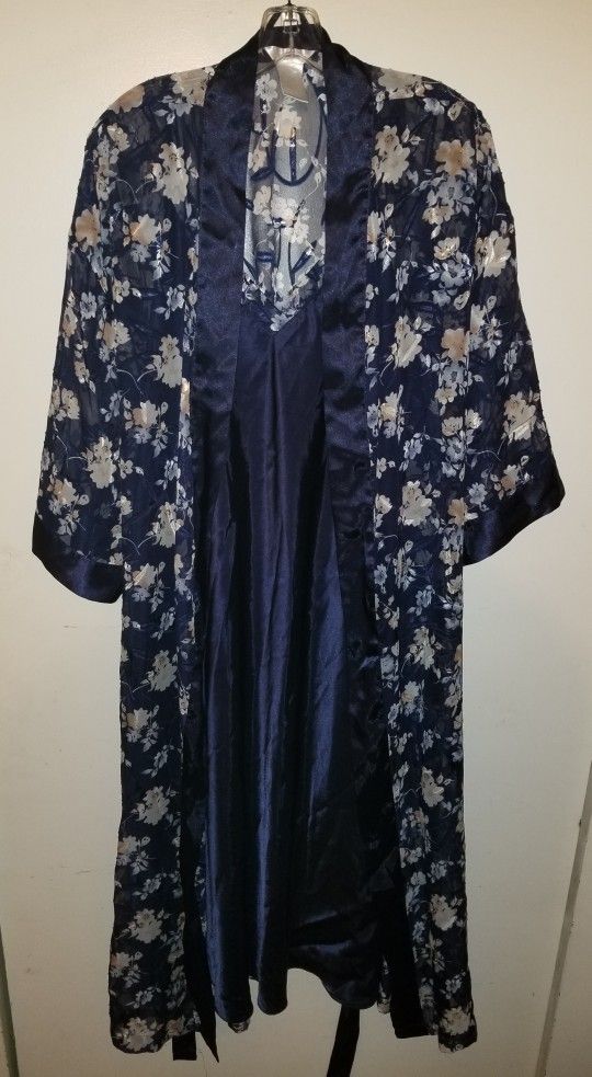 Vintage 2pc Plus Sz 2X Womens Secret Treasures Navy Blue Silky Nightgown w/Sheer Flower Print Robe
