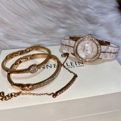 Anne Klein Swarovski Crystal New York Pink Ceramic Watch and Bracelet Set