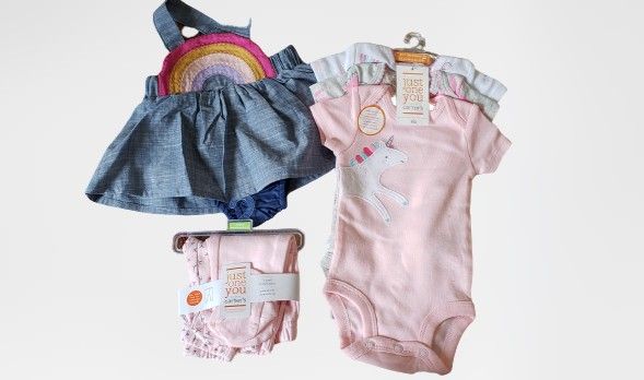 set 3 pieces includes, unicorn 3 pk Carter's perfect fit, 2 pk bodysuit Carter's, 2 pieces dress and short cat & Jack. perfect combination.