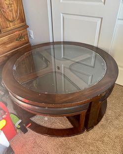 Round Wood and Glass Coffee Table with Chairs