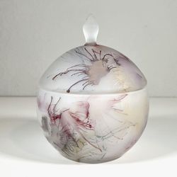 Vintage Romanian Frosted Art Glass Lidded Jar Handcrafted Abstract Floral 7in