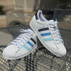 Men’s Size 9 White Leather Adidas Superstars “Blue Ombré”