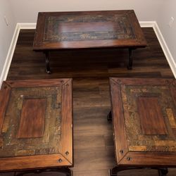 3-Piece Rustic Wood & Slate Coffee Table Set
