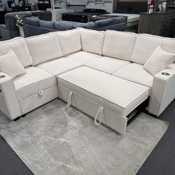 Beige Sofa Sectional w/ Pull Out Sleeper