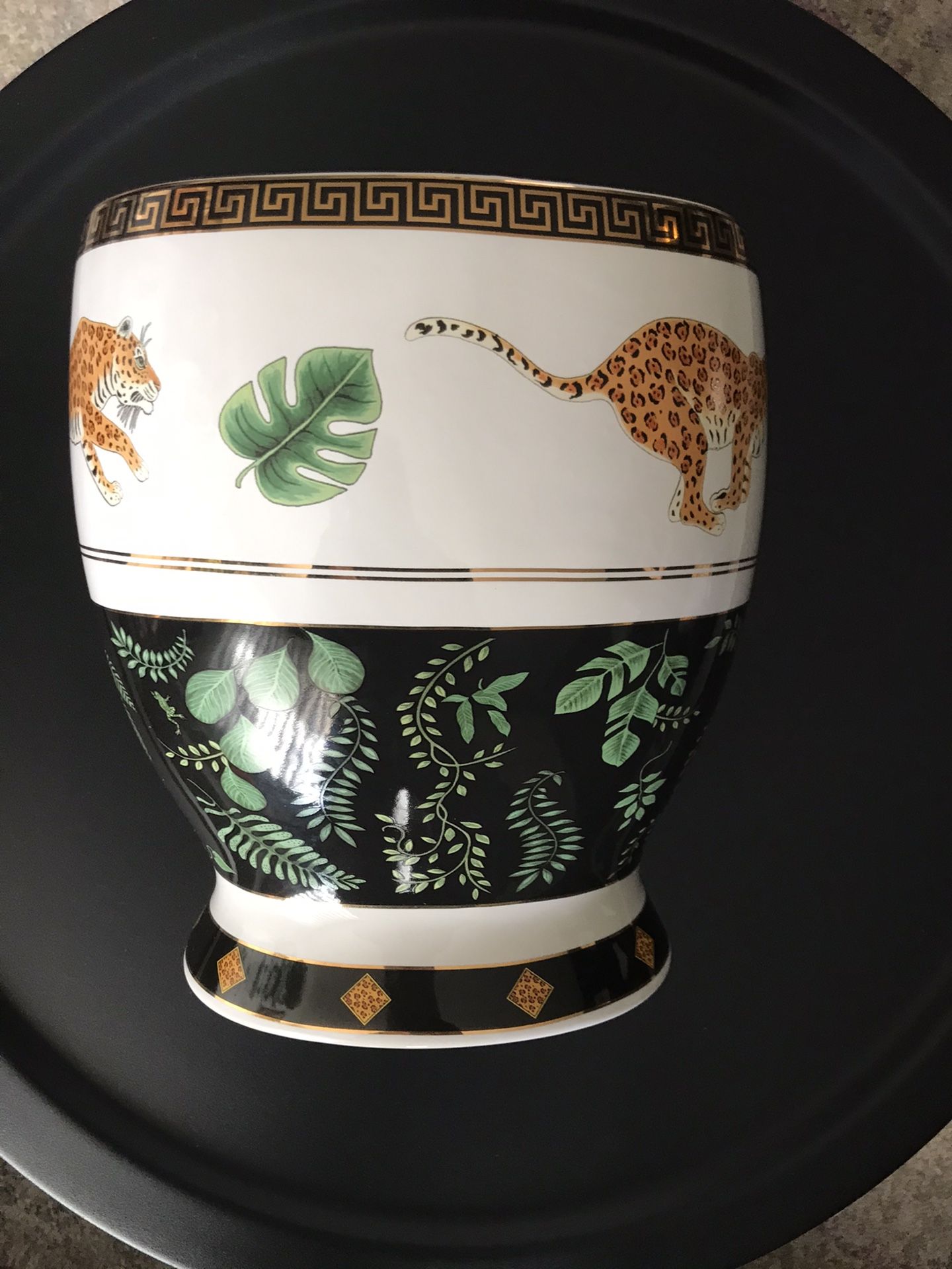 RARE! Lynn Chase Porcelain Jaguar Jungle Wastebasket