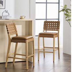 ModernLuxe Rieti Indoor Wooden Barstool Natural Finished Frame with Brown Upholstery Set of 2