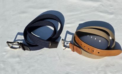 Two Belts for size 36-38,  Navy + Tan Stretch Weave + Leather - LL Bean, Larsson + Co.