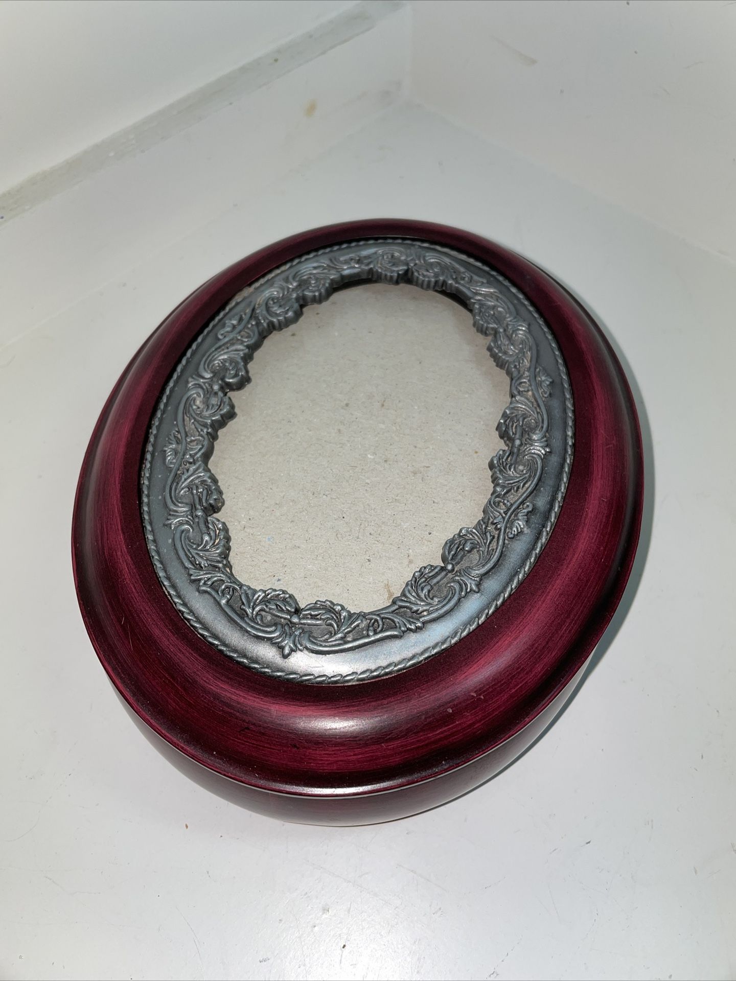 Vintage Cherry Wood Jewelry Box with an Oval Pewter Picture / Embroidery Frame