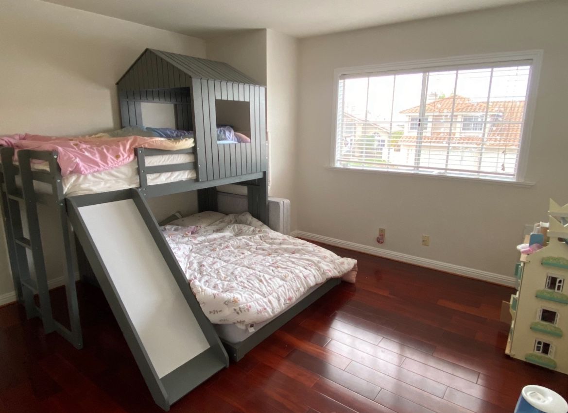 House Bed Bunk with Slide, Beds with Roof  (Without Mattress)