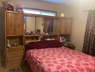 OBO Queen size oak wood wall unit bed and tv armoire w/ craftmatic bed or sold separately
