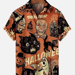 Halloween Elements Pattern Men's Short Sleeve Lapel Shirt For Summer Outdoor, Halloween Costume Gift For Men