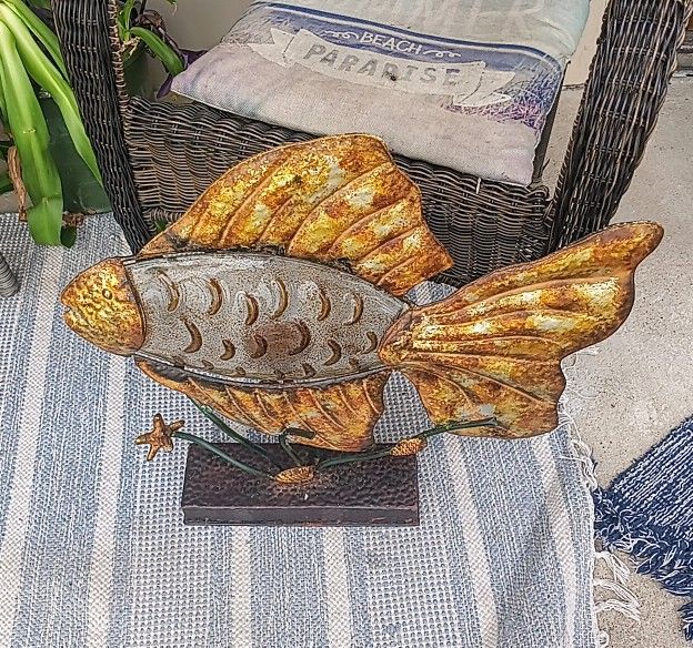 Large Metal & Glass Fish Candle Holder Sculpture