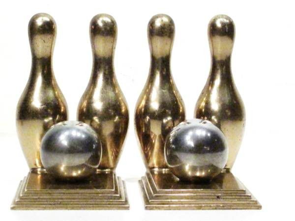 Pair Antique Brass Sports Trophy Bowling Pin Ball Bookends Figure Art