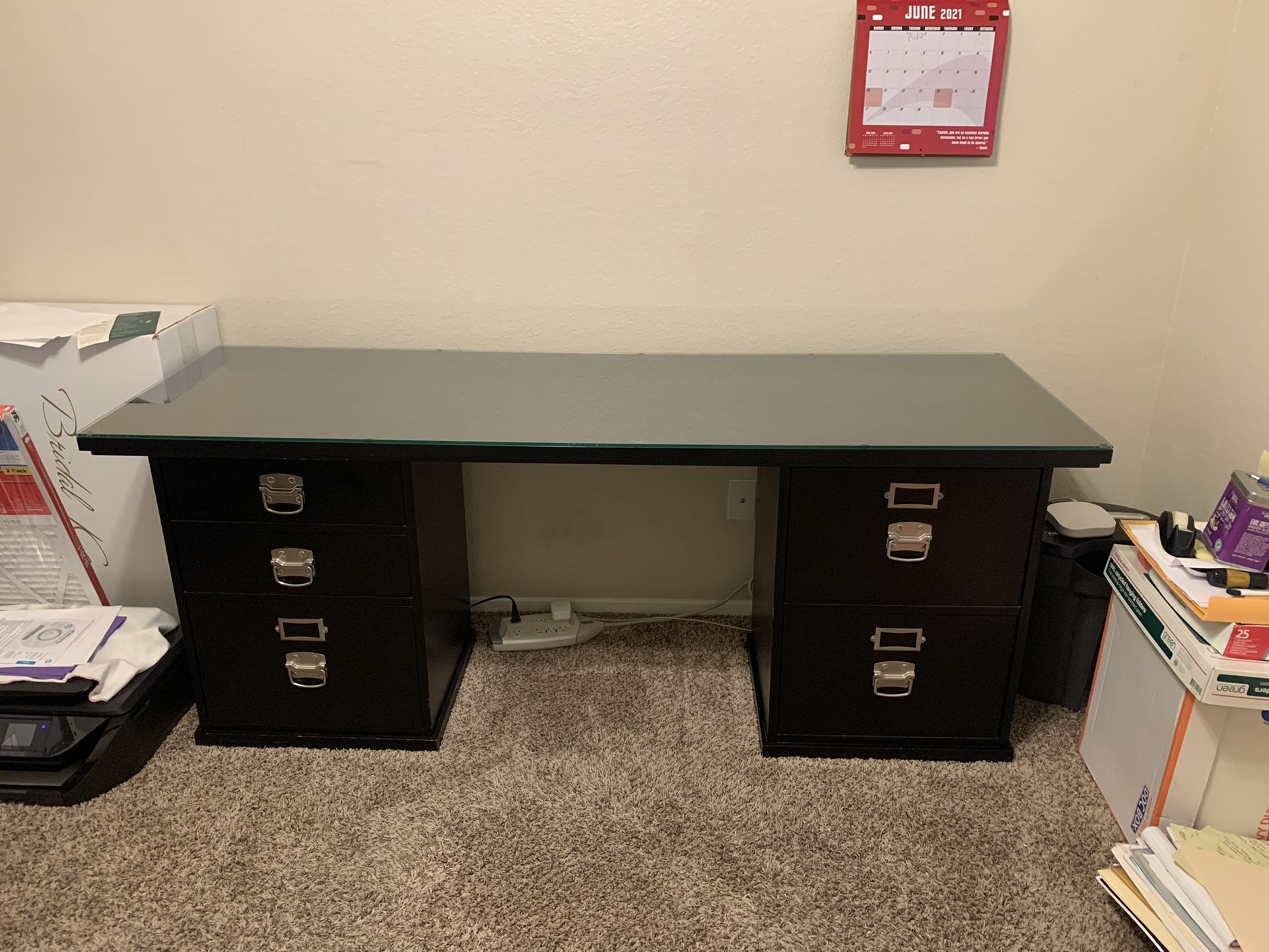 Pottery Barn Bedford 70" 5 Drawer Desk With Custom 3/8” glass top.