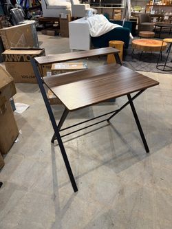 Modern Compact Computer Desk with Shelf – Walnut Finish & Black Metal Frame