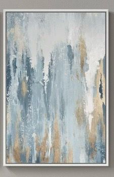 24x36 Large White Framed Blue and Gold Abstract Canvas Wall Art