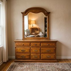 Broyhill Traditional Oak Triple Dresser and Mirror