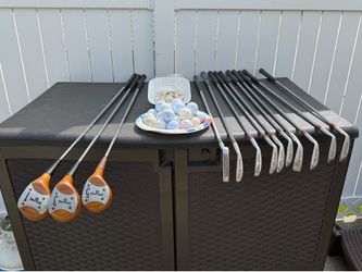 SPALDING RIGHTLY GOLF CLUB SET WITH BAG CLUB COVER AND BAG CADDIE.COMES WITH TEES AND BALLS