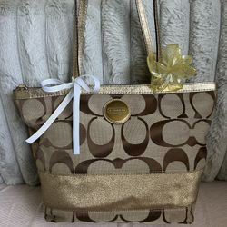 Coach Signature Stripe Metallic Gold Tote💛